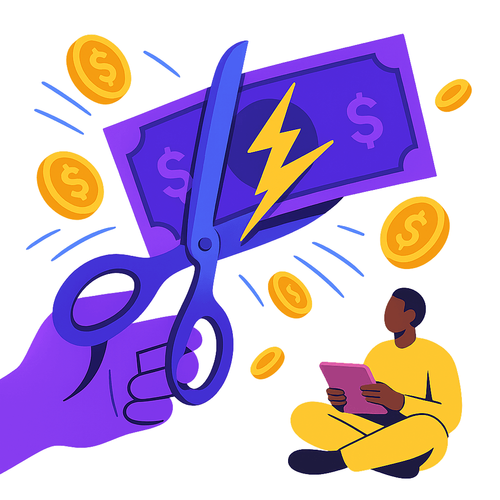 An illustration of scissors cutting a banknote while a player shops on a tablet.